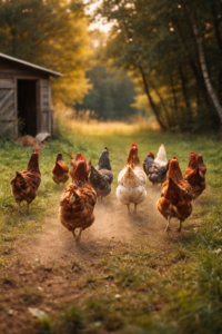 Chickens running away